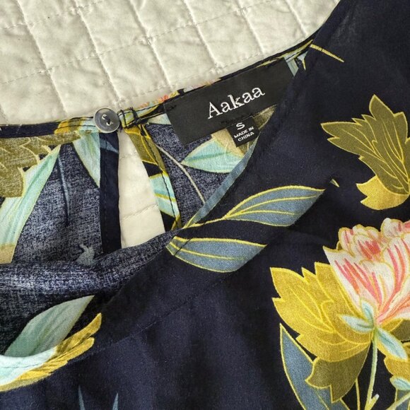 Aakaa Womens Floral Dress S 100% Rayon Navy Long Sleeves - Picture 3 of 10